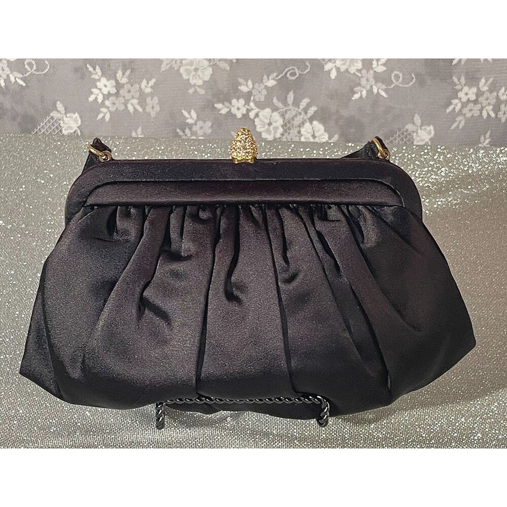 Vintage 50s Morris Moskowitz Black Satin Purse Rhinestone Clasp Evening Handbag